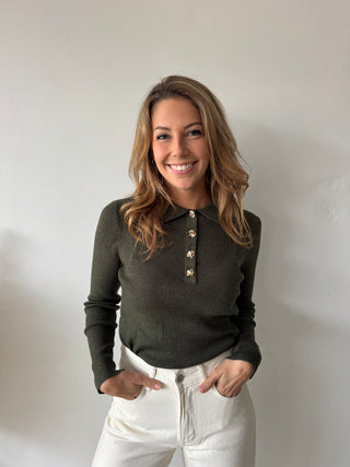 Gold buttons green ribbed top