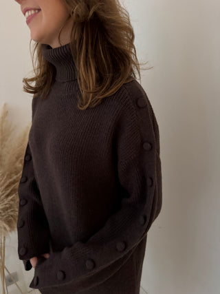 Buttons details brown sweater dress