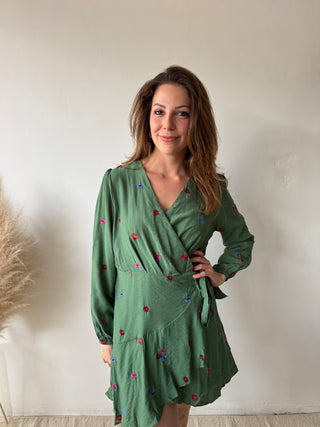 Colorful flowers green wrap dress