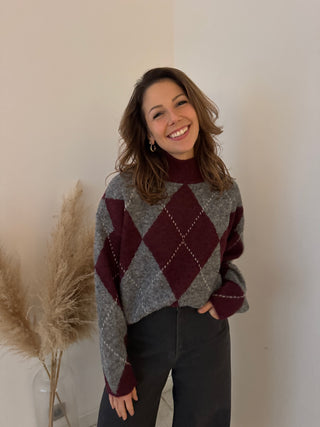 Burgundy grey argyle knit