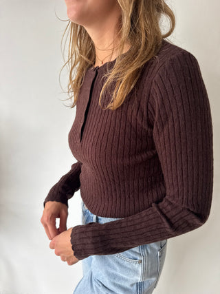 Brown soft ribbed knit top