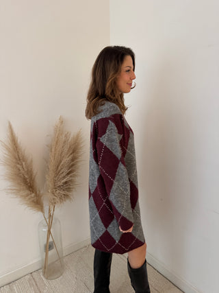 Burgundy grey argyle sweater dress