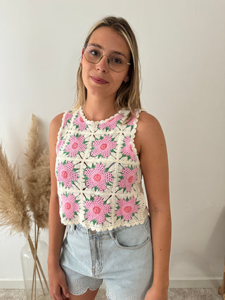 Pink flowers crochet top