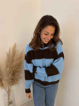 Blue brown soft zipper knit