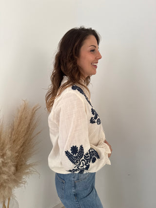 Blue flowers beige blouse