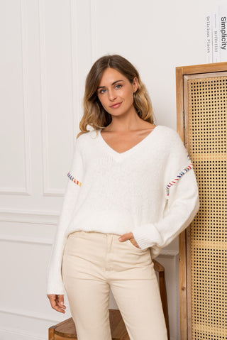 Colorful stitched white knit