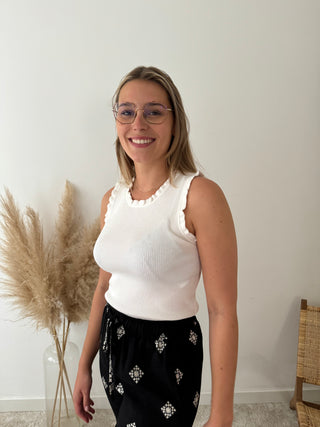 Ribbed white ruffle top