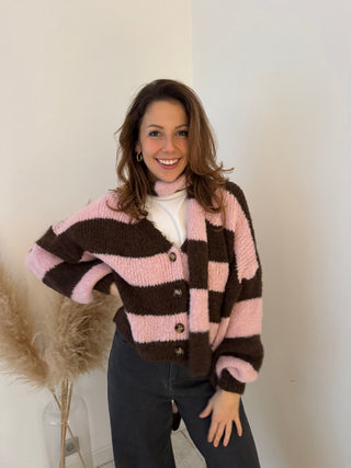 Brown pink striped button scarf knit