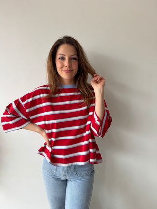 Knot back red blue striped top