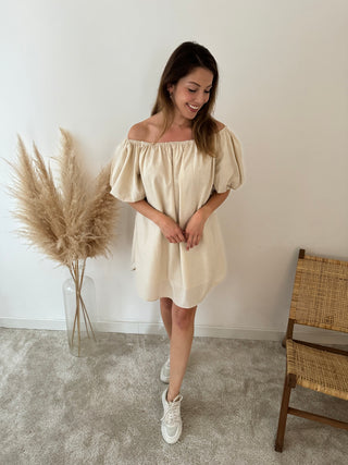 Beige off shoulder short dress