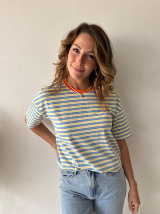 Orange detail blue t-shirt
