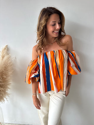Orange blue strapless top