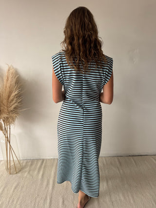Brown blue striped maxi dress