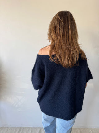 Navy open shoulder soft knit