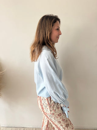 Blue linen bow shirt