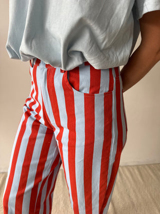 Orange blue striped jeans
