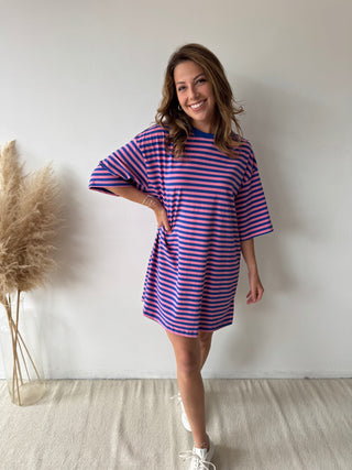 Pink blue striped t-shirt dress