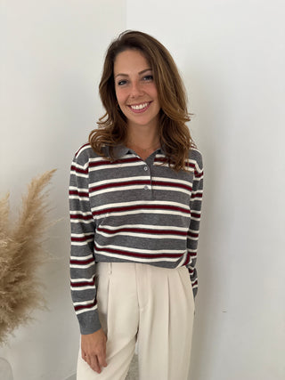 Burgundy grey striped polo