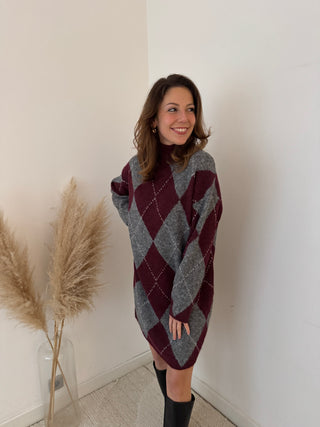 Burgundy grey argyle sweater dress