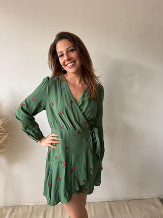 Colorful flowers green wrap dress