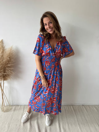 Orange flowers blue maxi dress
