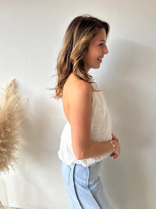 White open back lace top