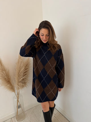 Navy brown argyle sweater dress