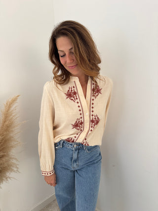 Burgundy details beige blouse