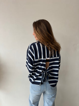 Knot back navy striped top