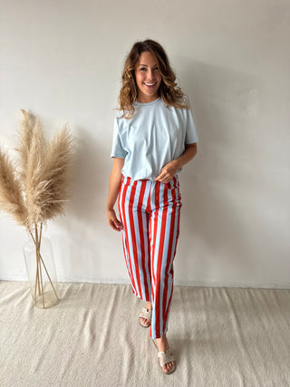 Orange blue striped jeans