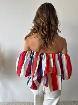 Red blue striped strapless top