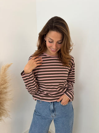 Brown pink striped top