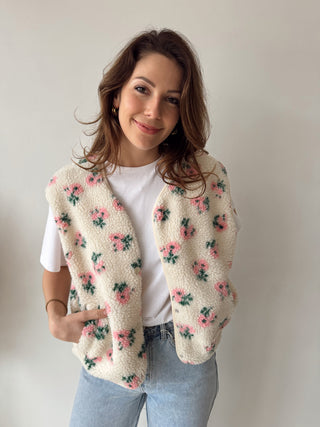 Pink Flowers beige teddy vest
