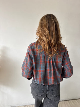 Grey orange checked balloon shirt