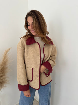 Burgundy details beige jacket