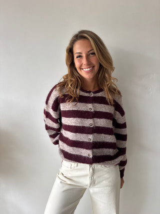 Burgundy taupe striped button knit