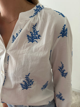 Blue leaves white blouse