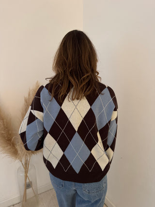 Blue brown argyle polo knit