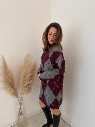 Burgundy grey argyle sweater dress