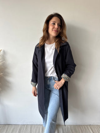 Flower details navy trench coat