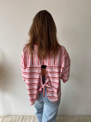 Knot back pink red striped top