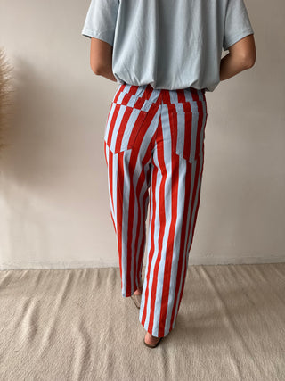Orange blue striped jeans