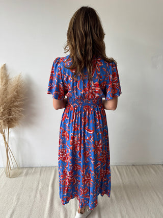 Orange flowers blue maxi dress