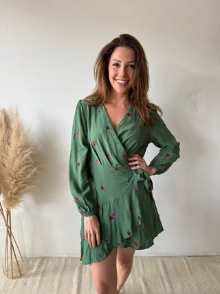 Colorful flowers green wrap dress
