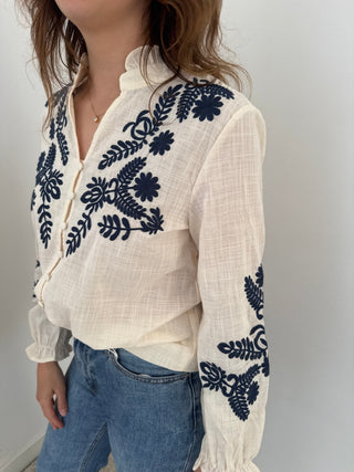Blue flowers beige blouse