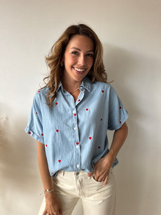 Red hearts denim blouse