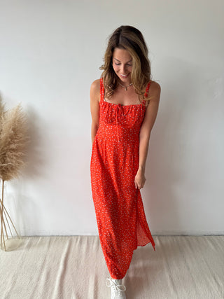 Light pink flowers red dress