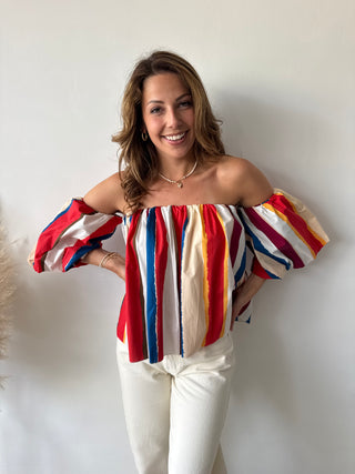 Red blue striped strapless top