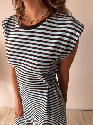 Brown blue striped maxi dress