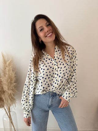 Blue hearts white blouse